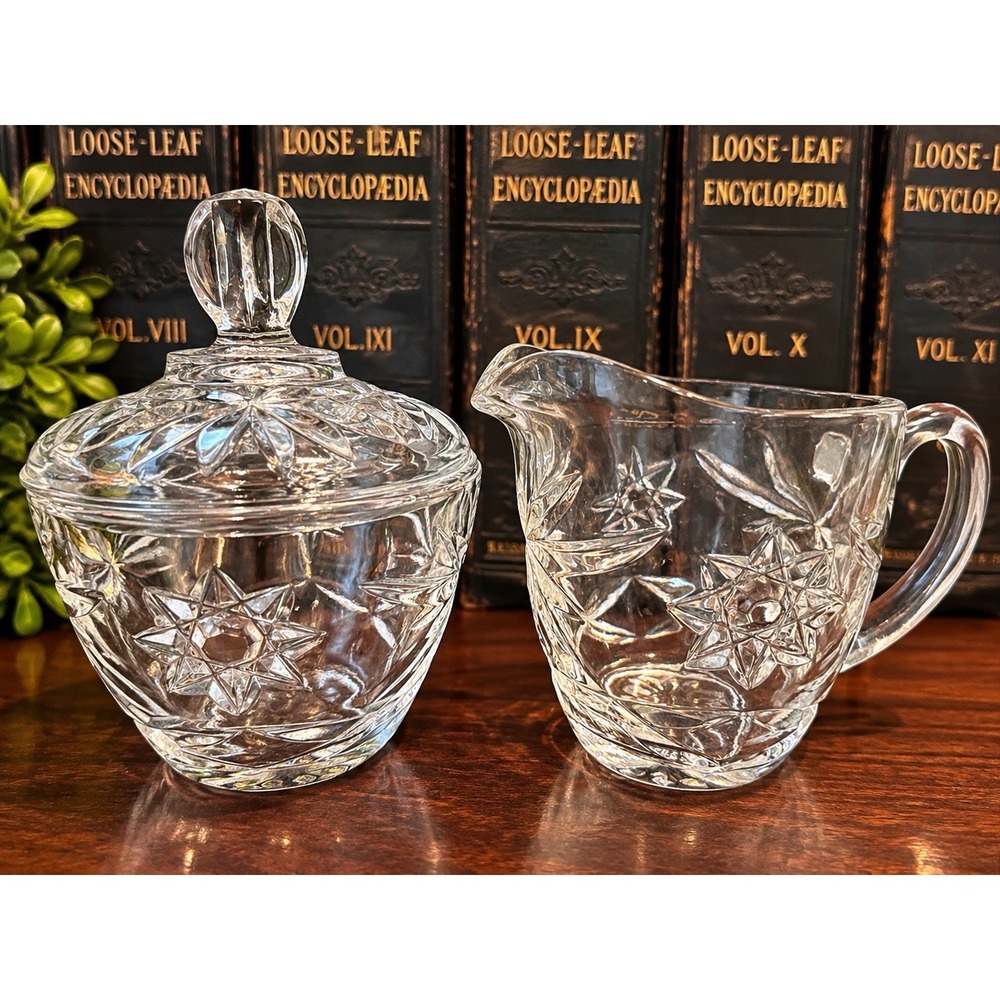 Anchor Hocking Cut Glass Pinwheel Star of David Creamer & Sugar Bowl with Lid